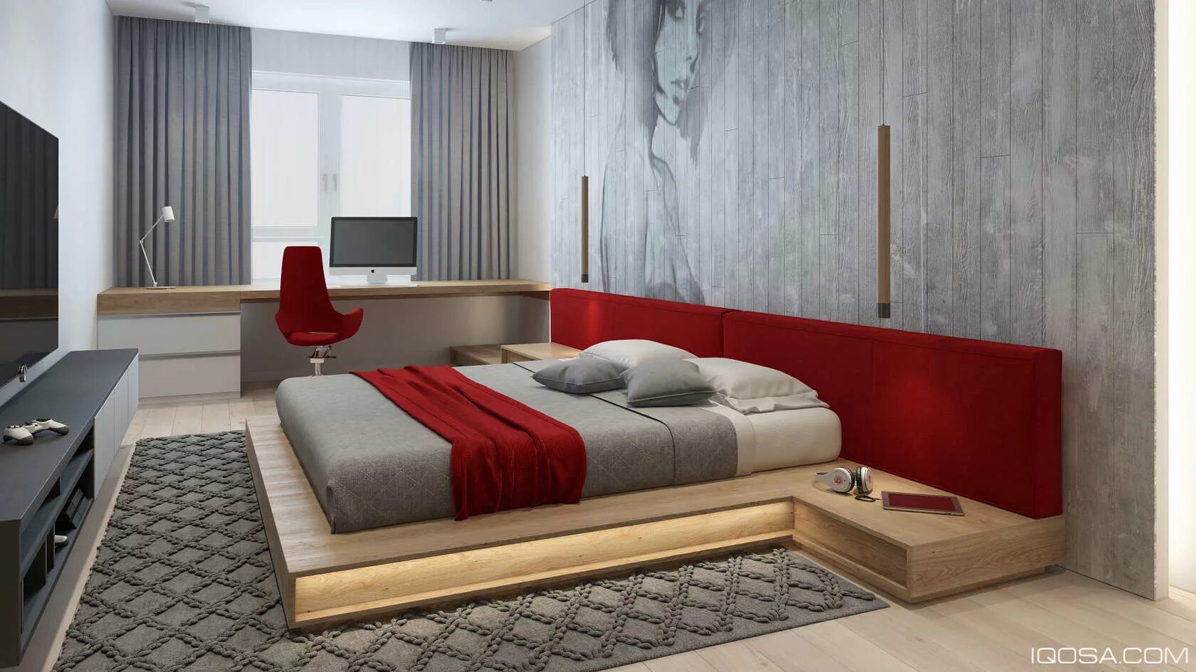 Кровать в современном интерьере. Спальня с красной кроватью. Серо красная спальня. Современная спальня в красных тонах.