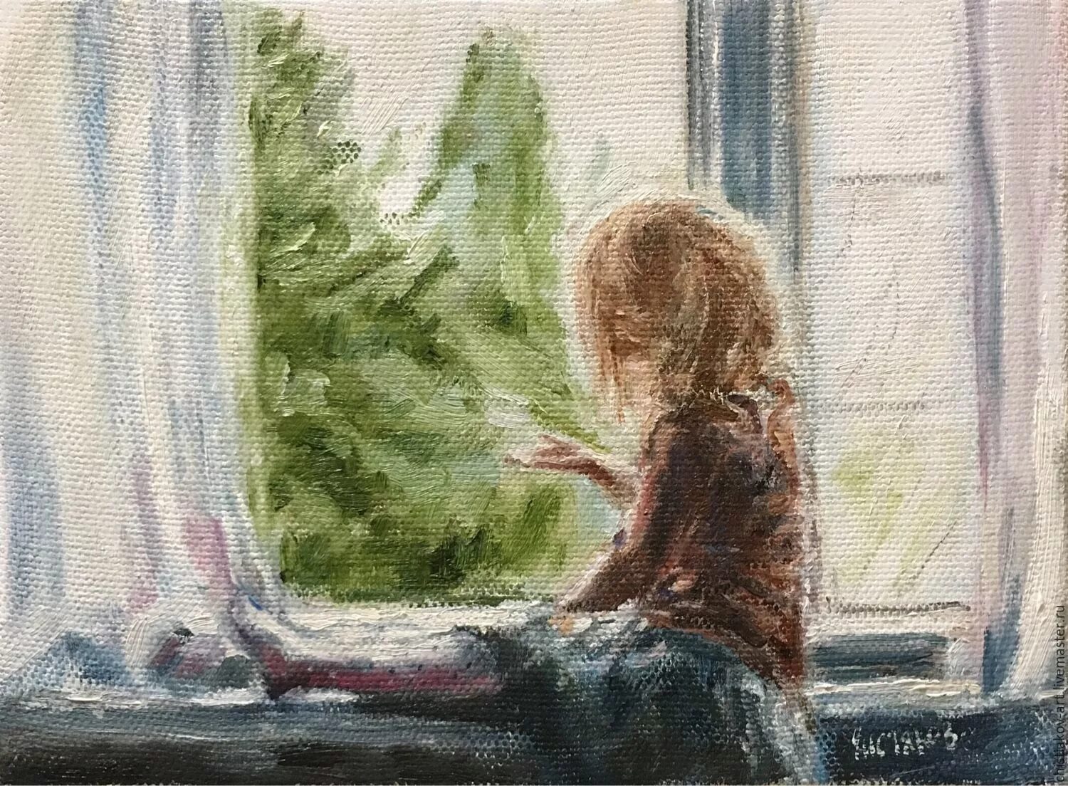 Каждый день наслаждаюсь рисунком окон. Картина девочка у окна. Девочка на подоконнике. У окна картины художников. Дождь за окном живопись.