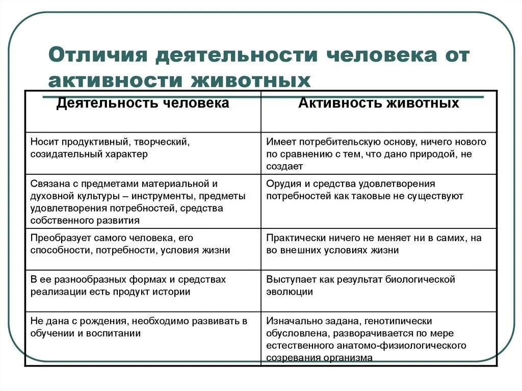 Отличия от иных видов. Различия деятельности человека и активности животного. Отличия деятельности от поведения животного. Отличие человеческой деятельности от активности животных. Отличия деятельности человека от животного таблица.