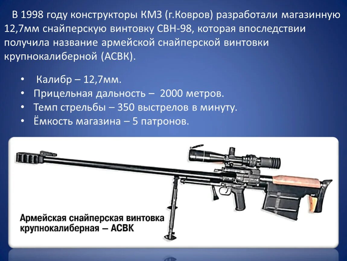 Снайперская винтовка АСВК. Снайперская винтовка АСВК калибра 12.7 мм. СВН 98 снайперская винтовка. СВД винтовка Калибр 12.7. Прицельная дальность стрельбы составляет