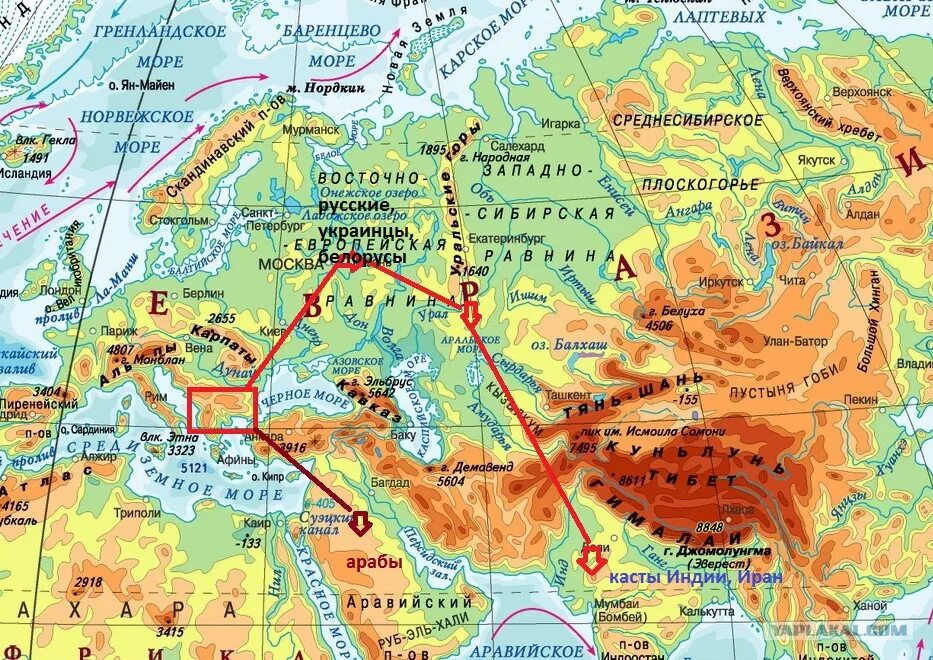 Где находится k. Карта Евразии физическая карта. Горы Гималаи на карте. Евразия карта географическая рельеф.