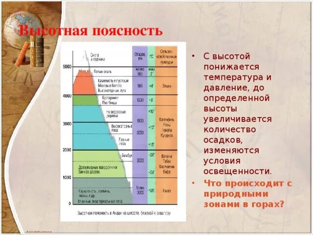 Высотная поясность таблица природные зоны. Высотная поясность России. Высотная поясность осадки. Основные закономерности ВЫСОТНОЙ поясности.