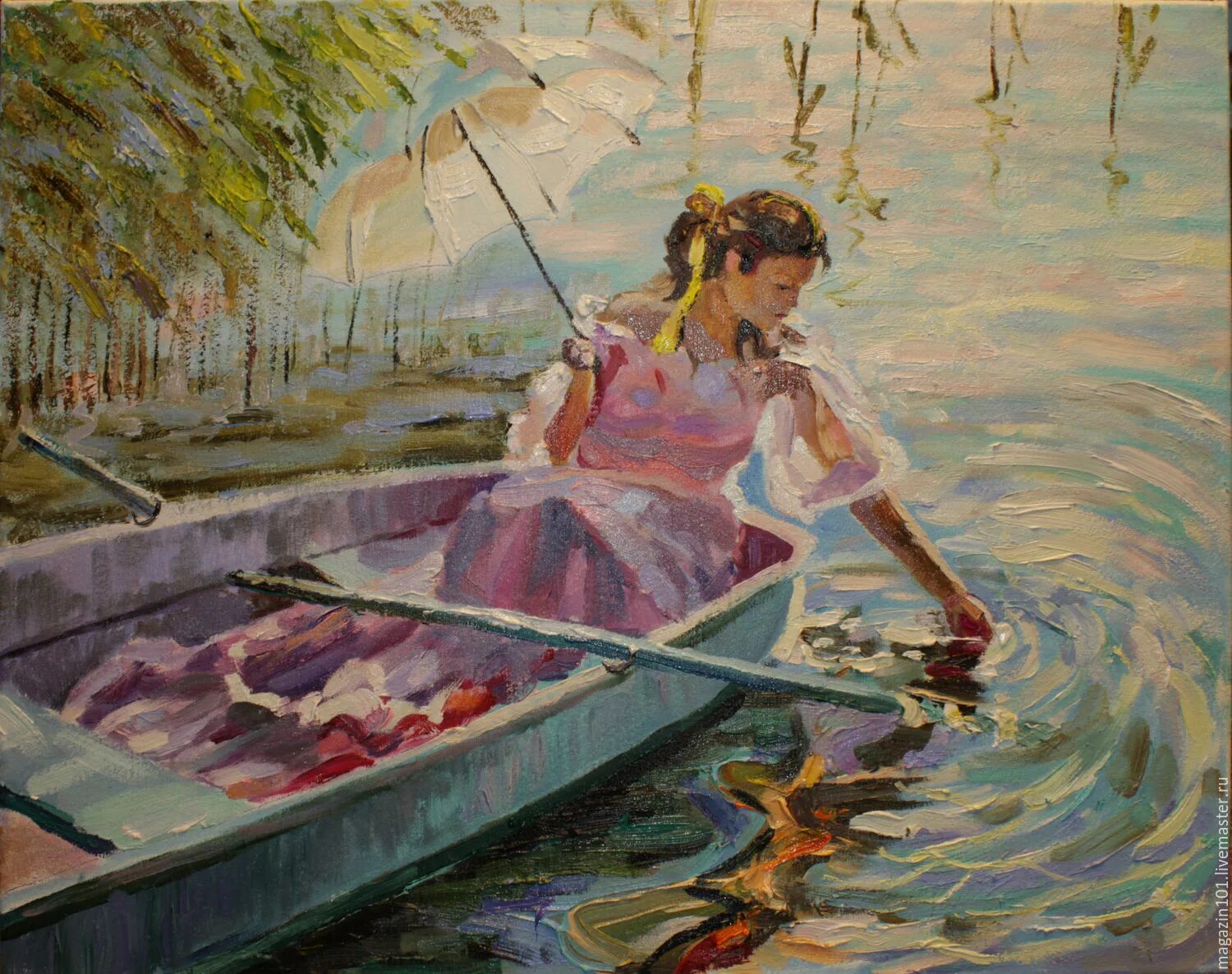 Дама в лодке. Живопись. Девушка в лодке картина.