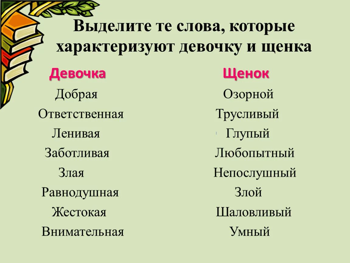 Выбери слова которые могут. Слова характеризующие девочку щенка. выберите слова характеризующие девочка щенок. выберите слова характеризующие девочку из рассказа щенок. раскрась слова характеризующие девушку красным цветом щенка.