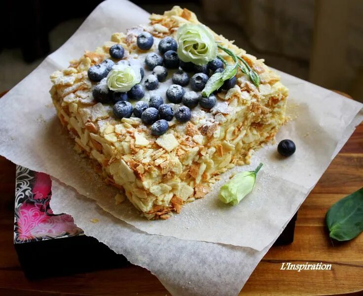 Оформление наполеона фото Homemade Napoleon Cake Decorated with Berries and Flowers. Selective Focus. Rest