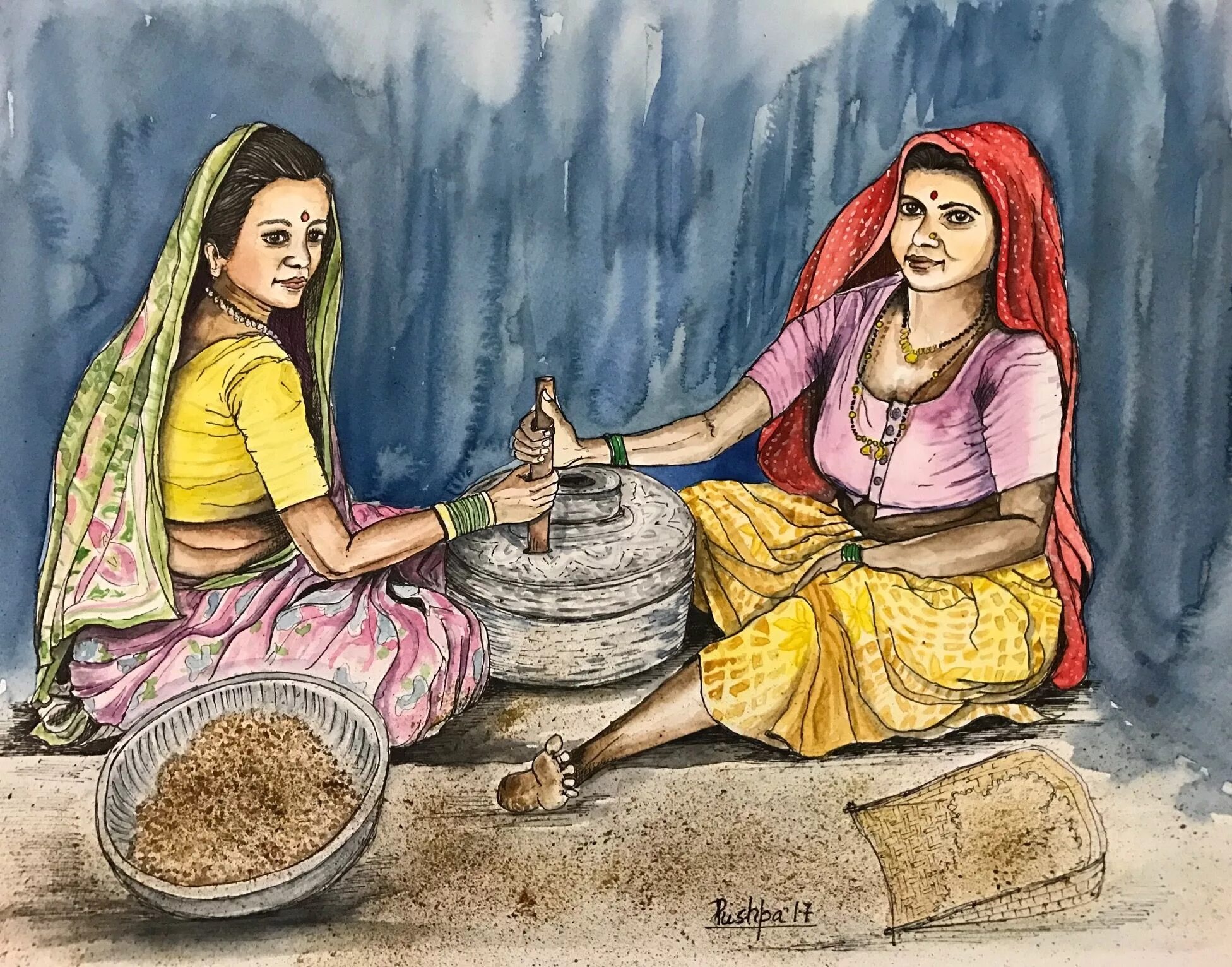 Индия арт. Индия арты. Кришна с пастушками иллюстрация. Пенджабские женщины. Village women