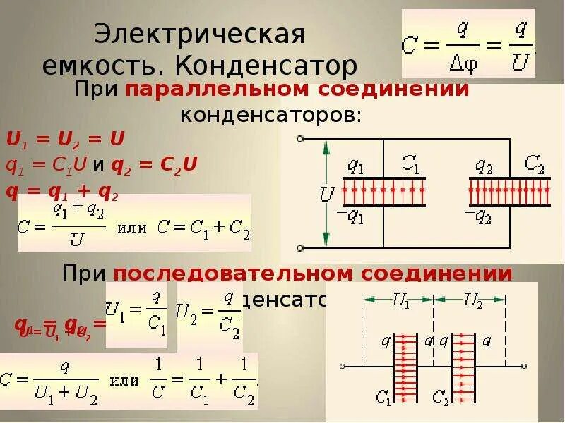 Как определить емкость батареи конденсаторов. Емкость конденсатора формула при параллельном соединении. Как найти конденсатор в электротехнике. Последовательное и параллельное соединение конденсаторов заряды. Последовательное и параллельное соединение конденсаторов.