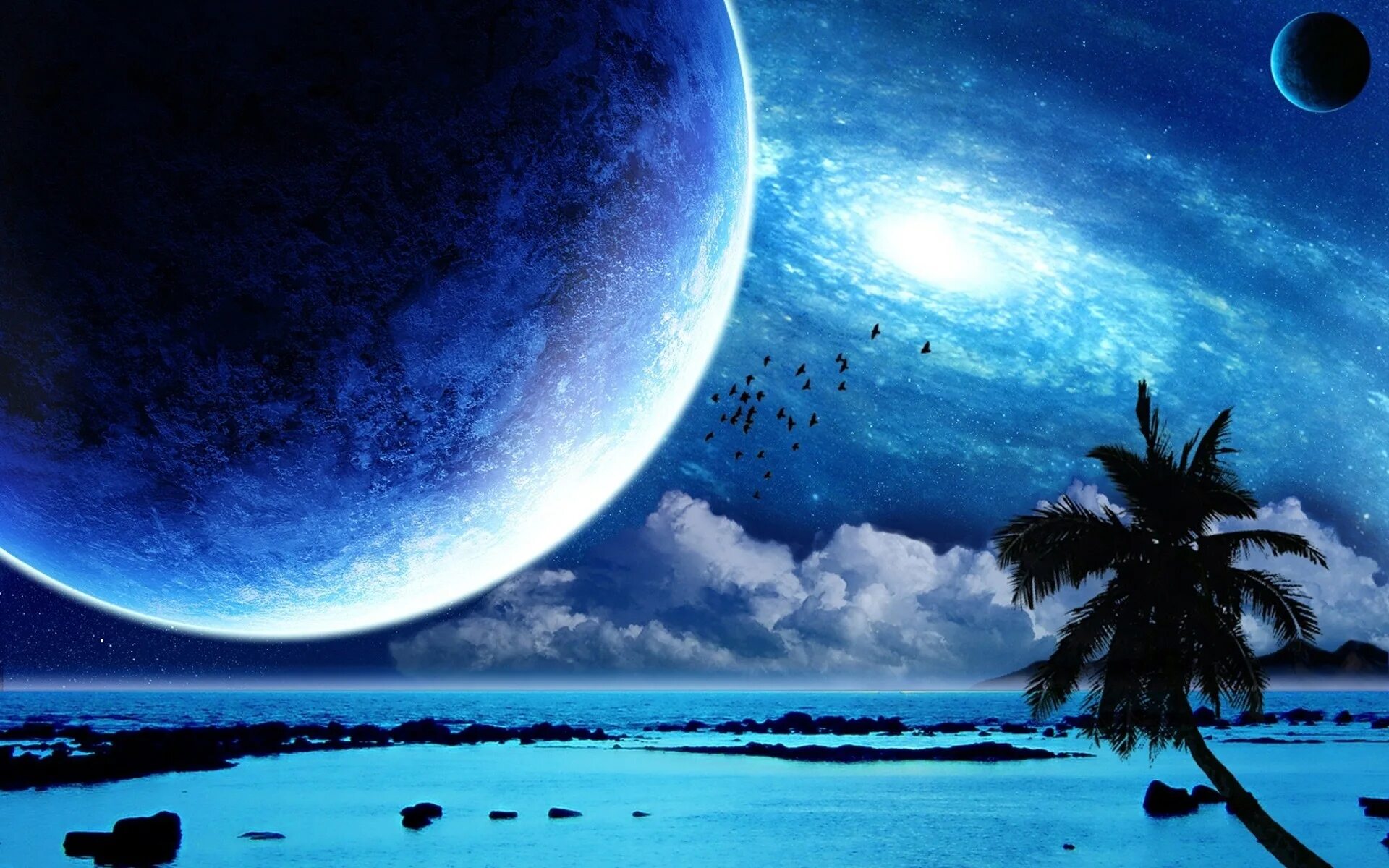 Космический пейзаж. Райская Планета. Пляж и космос. Космос пальмы.