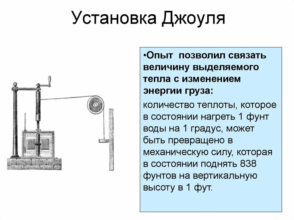 Полную механическую энергию тела в джоулях 250. Механический эквивалент теплоты опыт Джоуля. Опыт энергии Джоуль. Эксперимент Джоуля.