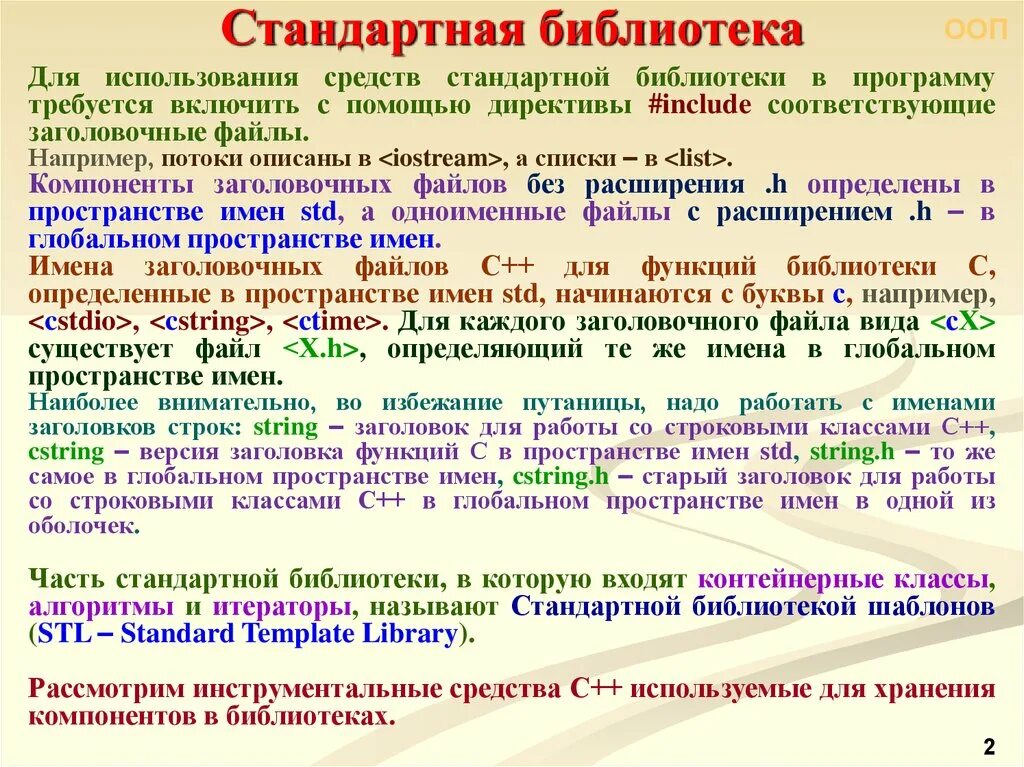 Использование стандартных библиотек. Стандартная библиотека. Библиотеки стандартных программ. Библиотека стандартных подпрограмм. Компоненты библиотеки.