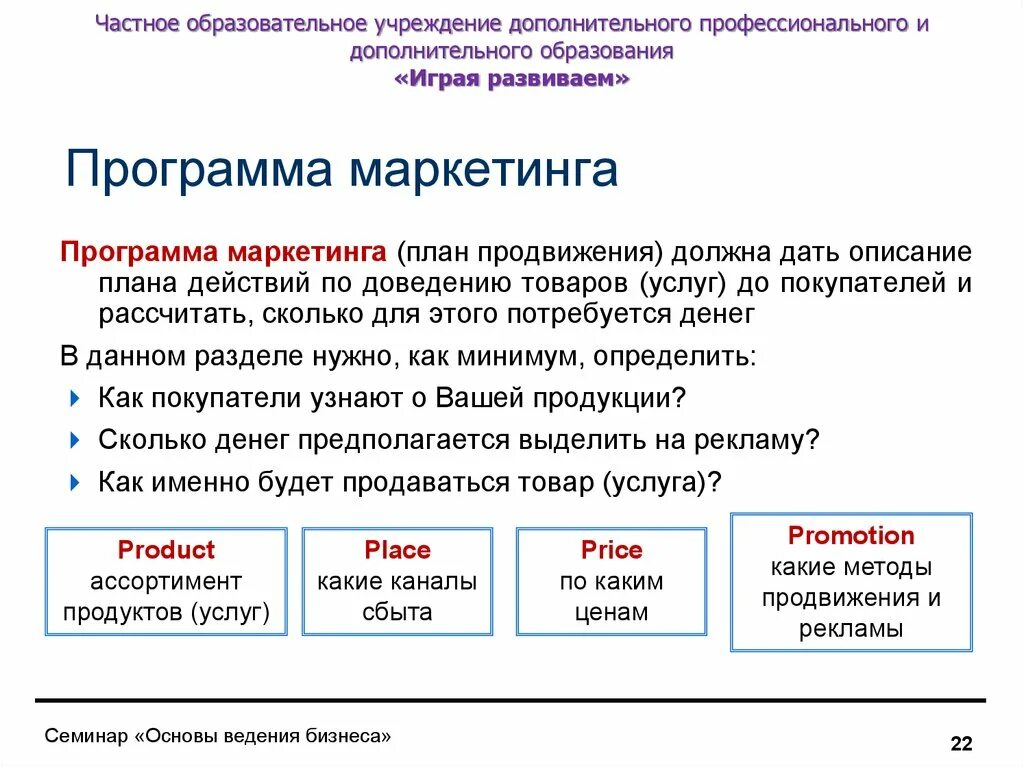 Маркетинговые приложения. Маркетинговая программа. Программа маркетинга предприятия. План описания программы. Приложение бизнес плана.