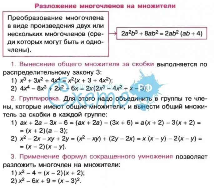 Способы разложения многочлена на множители. Различные способы разложения многочлена на множители. Все способы разложения многочлена на множители. Правило разложения на множители 7 класс.