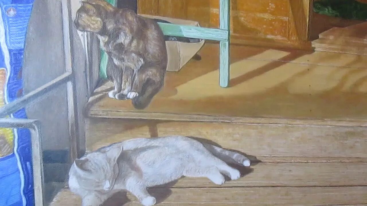 На крылечке кот впр. Кошка на крыльце. картина. картинка кошка на крылечке. натюрморты с кошечками.
