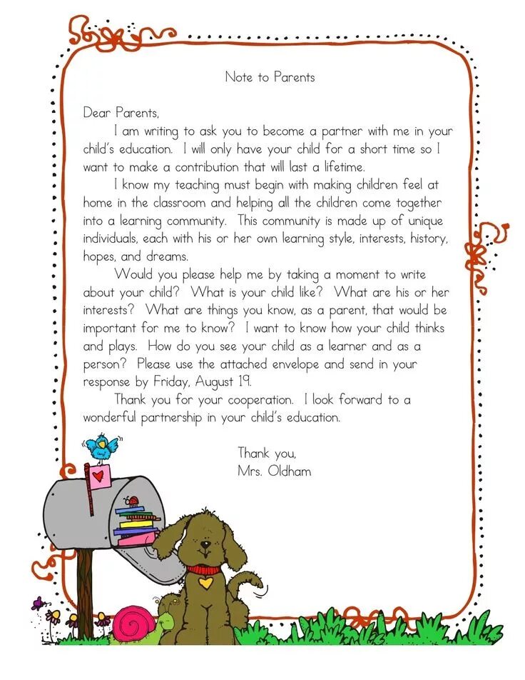 Dearest parents. Letter to parents. Letter to a teacher. Letter for child from parents. Teacher Introduction.