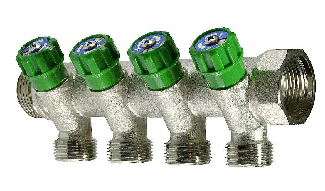 N. 0602. Коллектор с регулирующими вентилями, 1"х2 вых. Коллектор распределительный вентильный 3/4", 4 отвода. С вентилями.