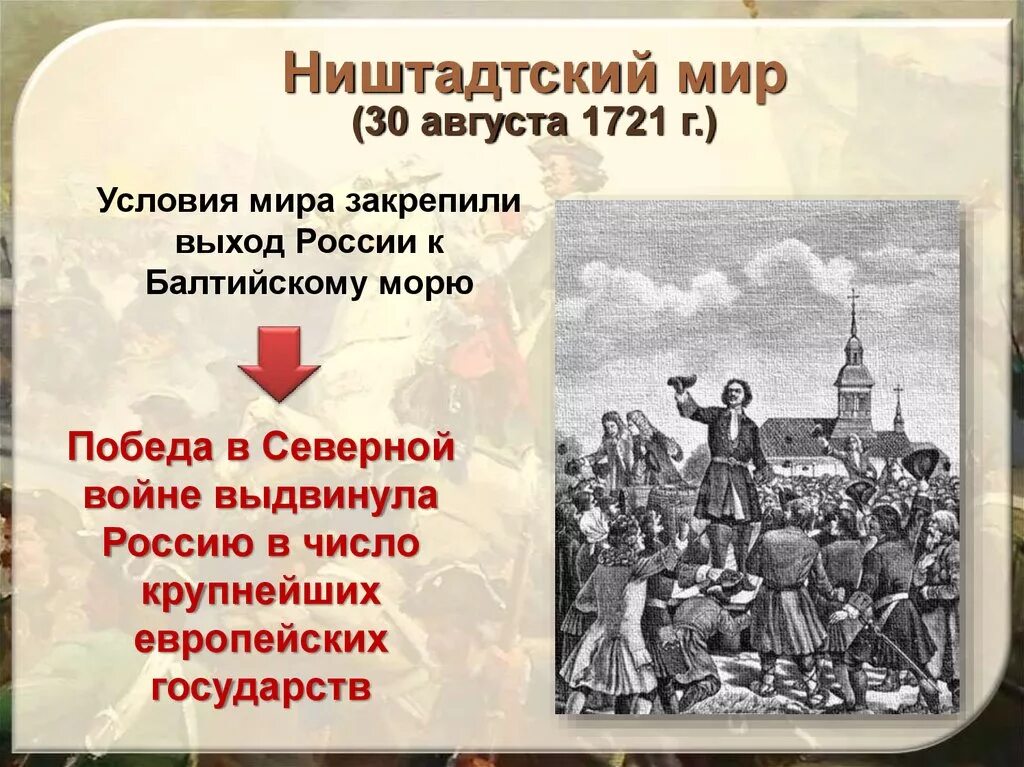 Г ништадтский мир. 30 Августа 1721 Ништадтский мир со Швецией.