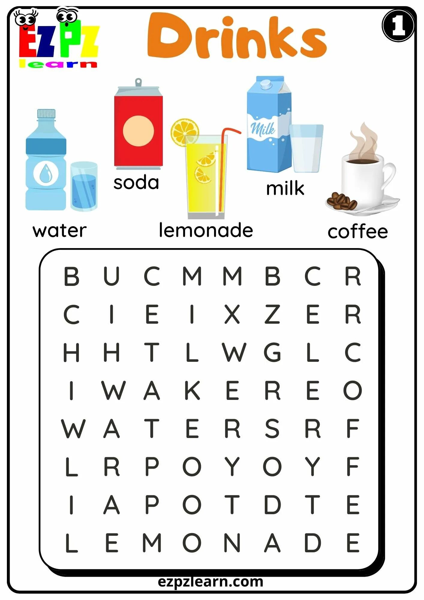 Drinks Word search. Search Words for Kids in English. Wordsearch for Kids. Illness Wordsearch for Kids. Drinks worksheets