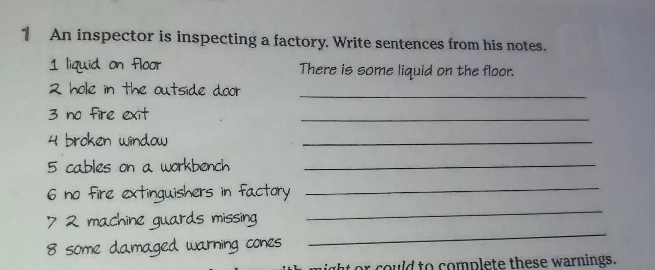 An Inspector is inspecting a Factory. Write sentences from his Notes. Предложения со словом inspecting. Outside the Door в предложение. Sentences Warnings. Write a sentence from the box