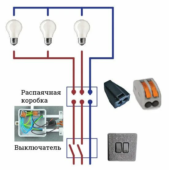 Электропроводка выключатель. Схема подключения освещения на тройной выключатель. Распределительная коробка подключение проводов схема подключения. Схема соединения провода в распределительной коробке. Схема подключения электрических проводов 3.