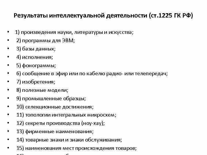 Качество результата интеллектуальной деятельности. Результаты интеллектуальной деятельности. Ст 1225 ГК РФ. Виды результатов интеллектуальной деятельности. Результаты интеллектуальной деятельности это ГК.