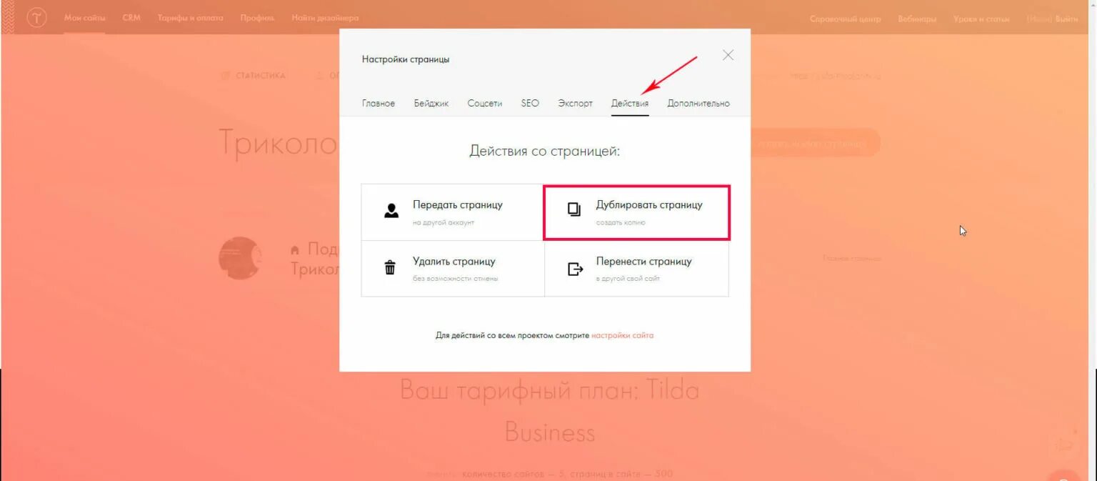 Ссылка на сайте Тильда. Как дублировать страницу в Тильде. Копирование сайтов Tilda. Как Скопировать страницу в Тильде.