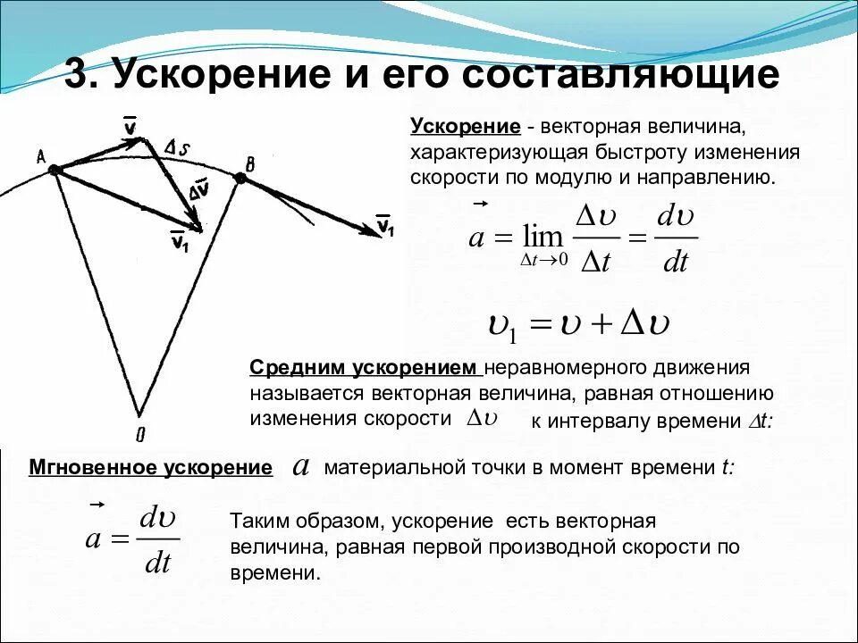 Изменение вектора. Составляющие ускорения поступательного движения. Скорость ускорение и его составляющие. Ускорение среднее мгновенное и его составляющие. Полное ускорение и его составляющие.