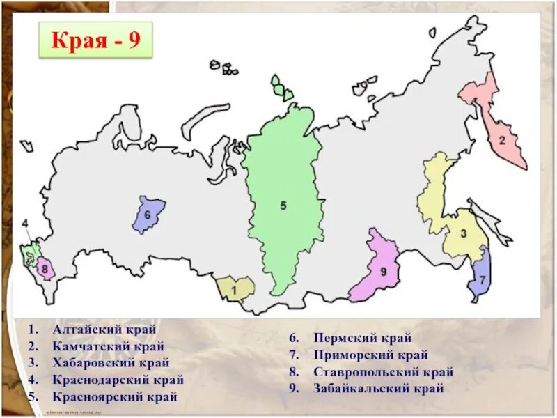 Девять краев. Административно-территориальное деление России карта. Административное деление России края. Карта АТД РФ. Административно-территориальное устройство России края.