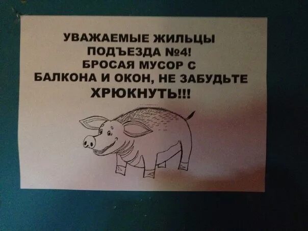 Хватит кидать. Объявление про свиней в подъезде. Объявления о мусоре и свиньях.