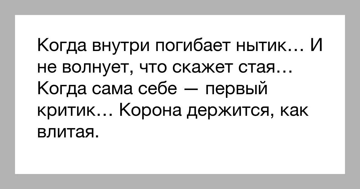 Когда внутри погибает нытик и не волнует. Когда внутри погибает нытик и не волнует что скажет. Когда не волнует что скажет стая. Когда внутри погибает нытик. Когда внутри погибает нытик стих.