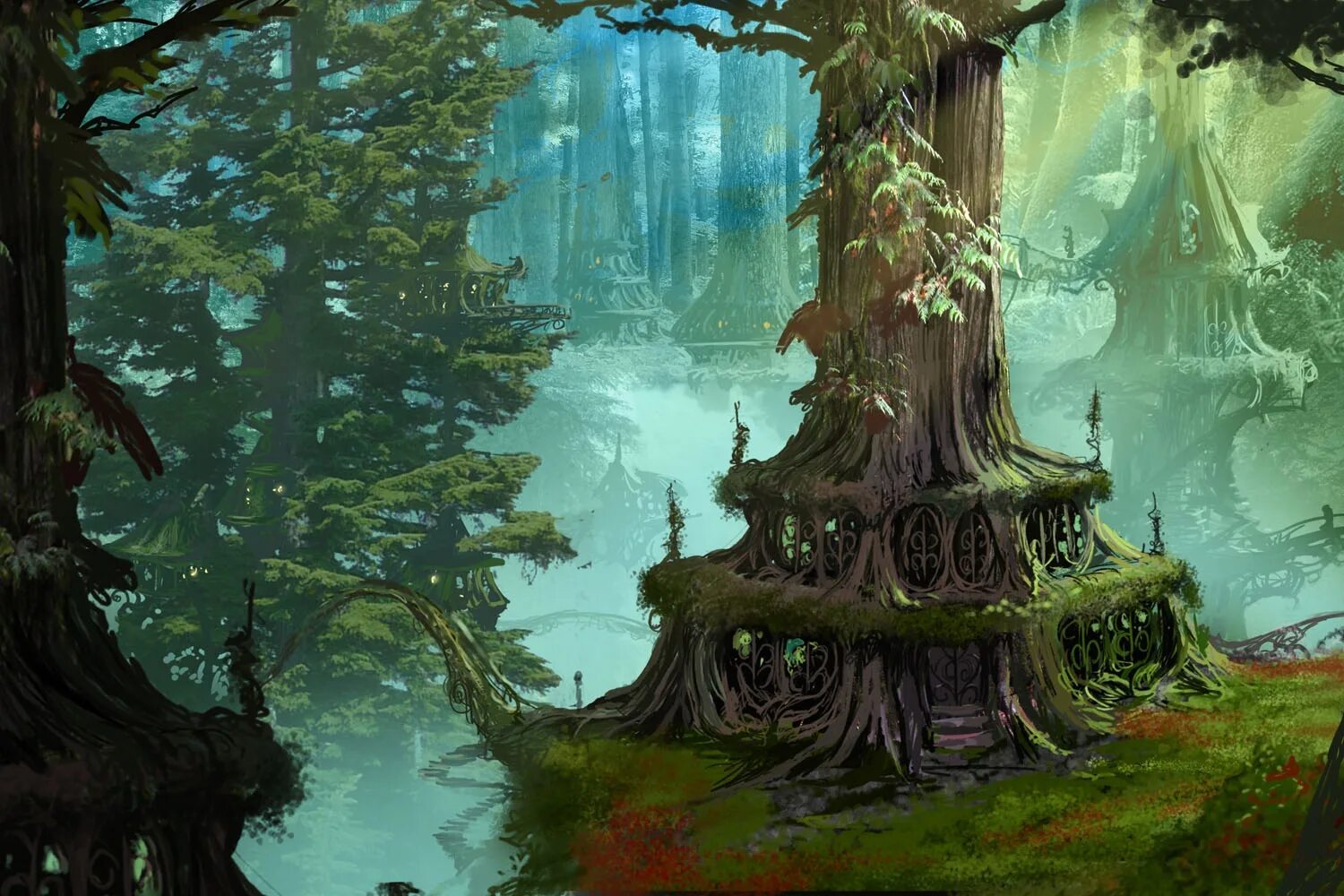 мир эльфов. эльфийский лес властелин колец. эльфийские сады руины фэнтези арт. сказочная локация. дворец фэнтези эльфийский.