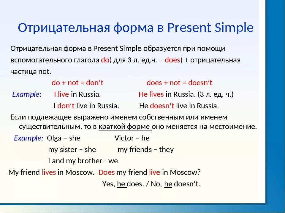 Предложения present simple в отрицательной форме. Отрицательная и вопросительная форма present simple. Present simple отрицание предложения. Образование утвердительной и отрицательной форм present simple.