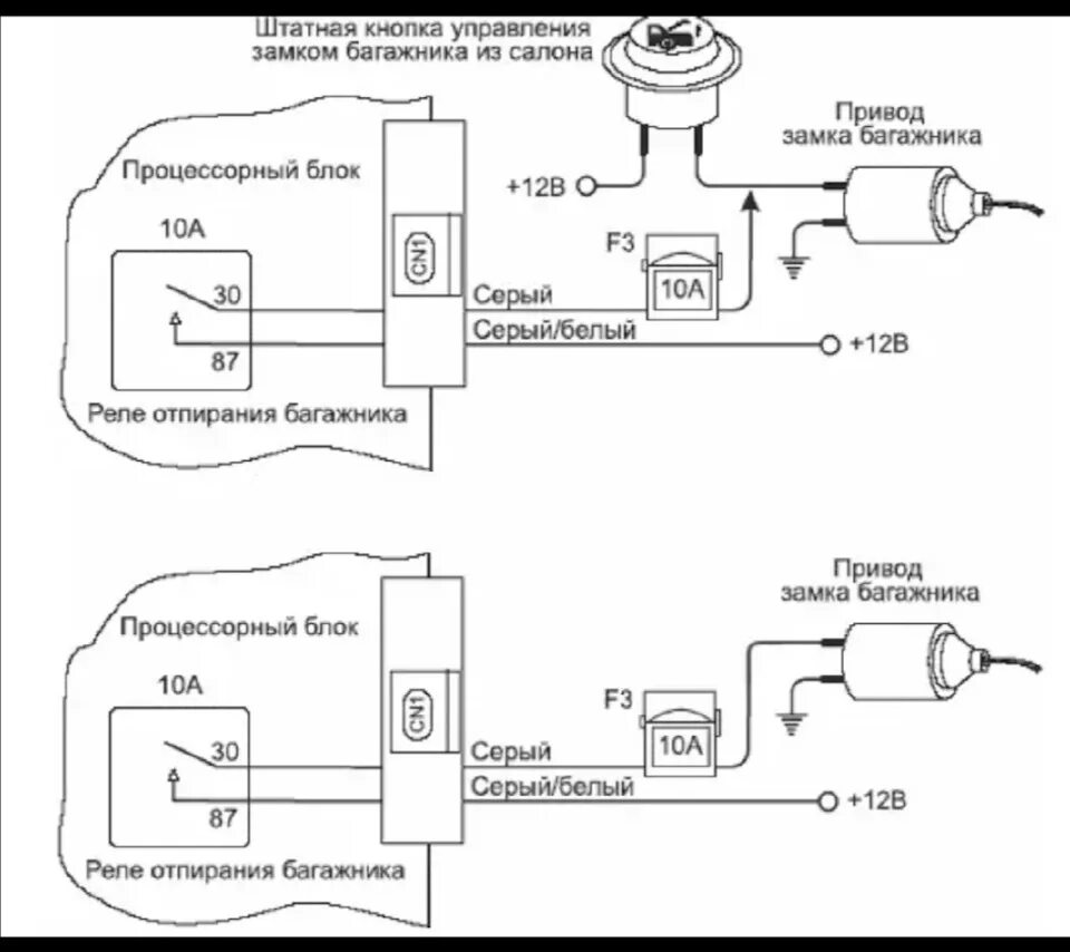 Схема подключения открытия багажника с сигнализации. Схема подключения электропривода замка багажника. Схема электропривода замка багажника. Электропривод замка багажника Тойота схема.