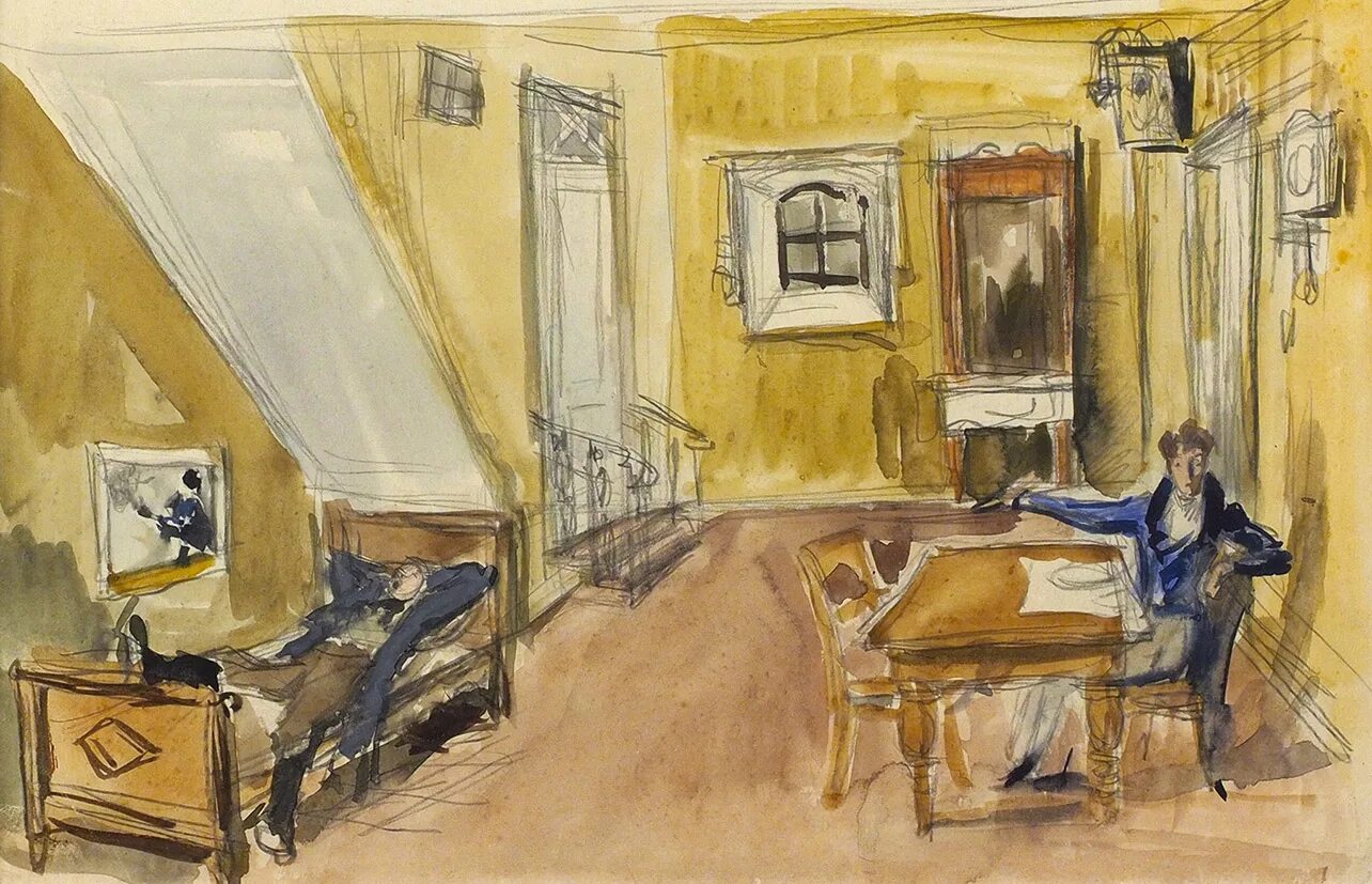 Ревизор станиславский 1921. Ревизор гоголь декорации. Комната хлестакова. Кустодиев комната в доме прокофия пазухина. Осип слуга хлестакова.