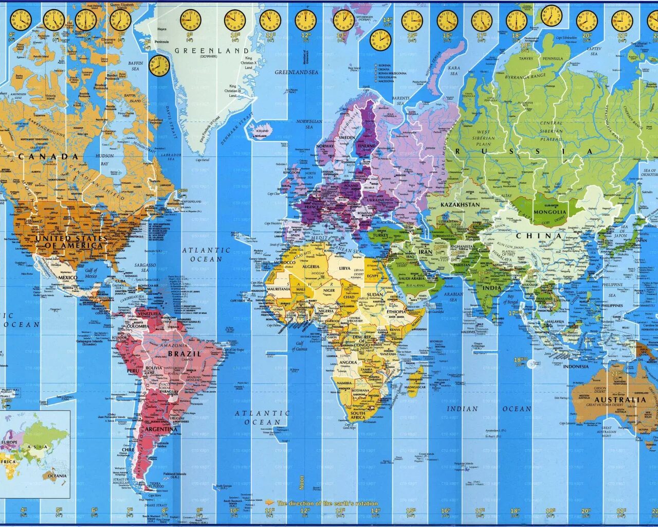 Реальное время в странах. Карта часовых поясов Евразии.
