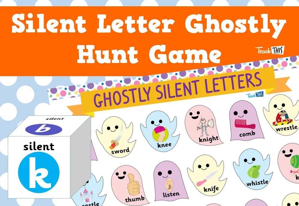 Silent ghost. Ghost letter digraphs. silent letters. letters game.