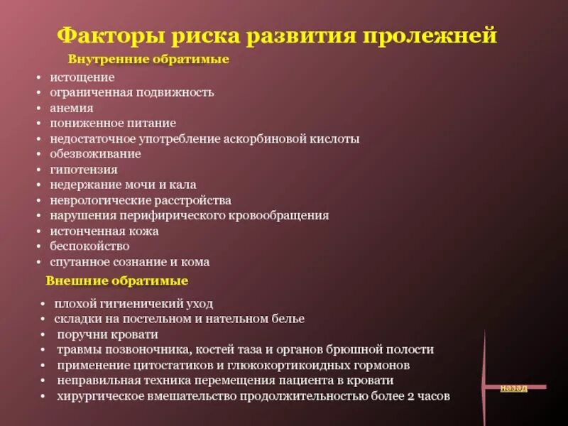 Основные причины приводящие к развитию. Факторы развития пролежней обратимые и необратимые. Обратимый внутренний фактор риска развития пролежней. Внешние факторы риска пролежней. Внутренние факторы риска возникновения пролежней.