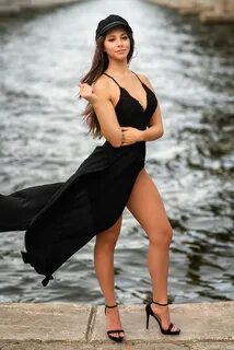 ...looking at viewer, hoop earrings, berets, cleavage, outdoors, legs, wome...