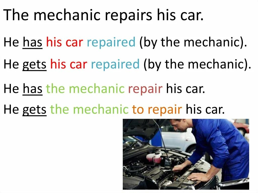 Sam had the mechanic his car. Had been Repaired время. Repaired читается. Предложение с Repair. He have his car.