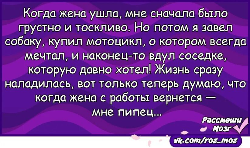 Чтоб жена ушла. Когда жена. Когда ушла жена. Анекдот когда ушла жена. Когда ушла жена мне сначала было грустно.