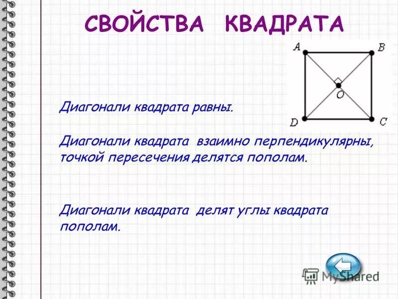 Произведение диагоналей пополам. Диагональ квадрата делит угол пополам. Свойства диагоналей квадрата. Точка пересечения диагоналей квадрата. Диагонали квадрата взаимно перпендикулярны.