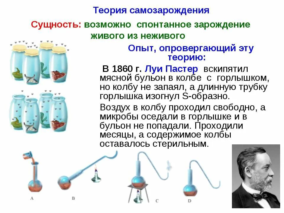 Какие опыты показали невозможность самозарождения жизни. Опыт Луи Пастера теория самозорожд. Луи Пастер самозарождение жизни. Гипотеза самопроизвольного зарождения жизни кратко биология. Опыты Луи Пастера с биогенезом.