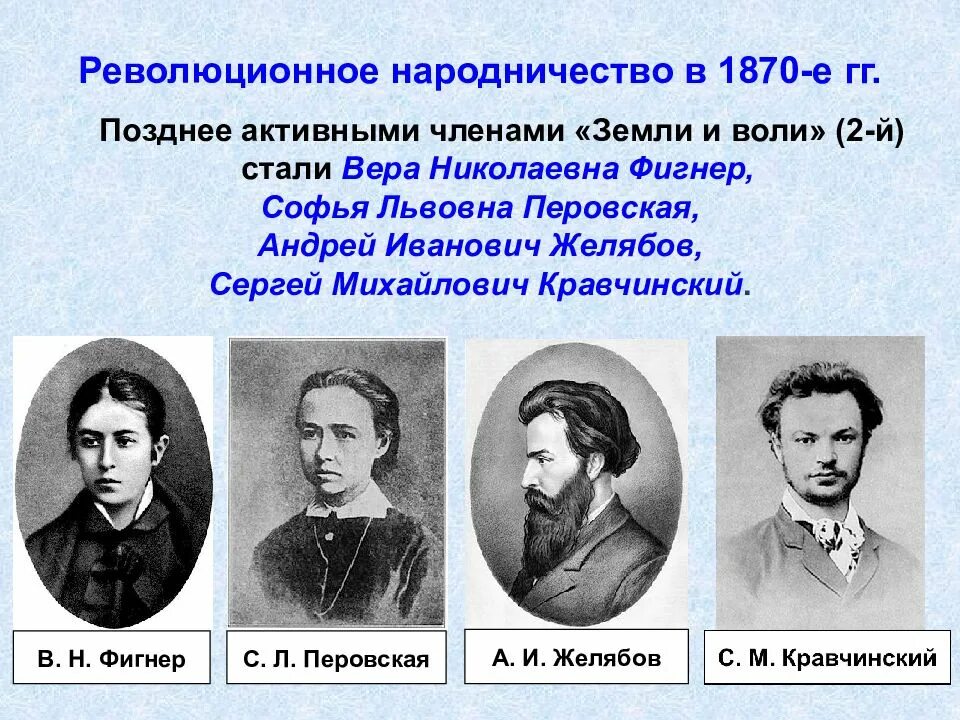 Революционные движения при александре 2. Народники представители в России. Народная Воля Желябов, Михайлов, Перовская, Фигнер. Представители народничества при Александре 2.