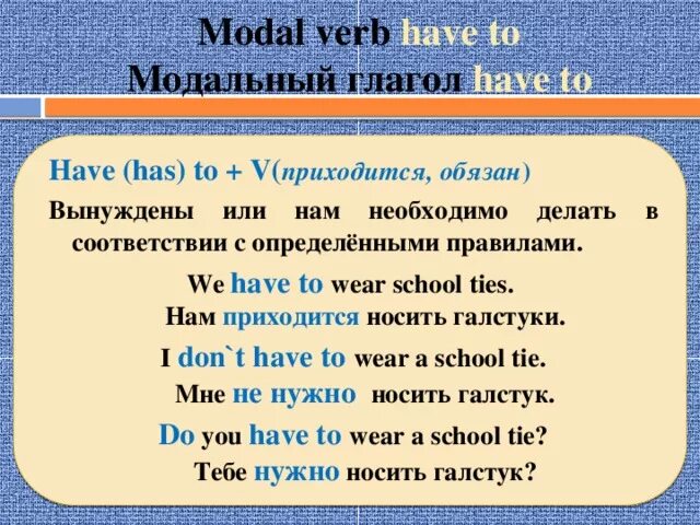 Как переводится слово have на русский. Глагол have to don't have to в английском языке. Предложения с глаголом to have. Предложения с have to примеры. Have to модальный глагол правило.