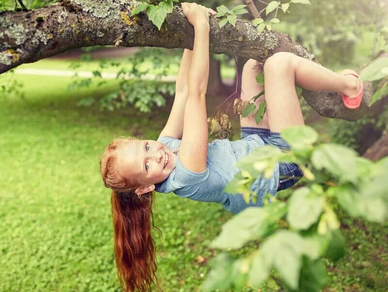 Little girls текст. Девочка на дереве. Девушка висит на дереве. Вниз головой на дереве. Девочка на дереве вниз головой.