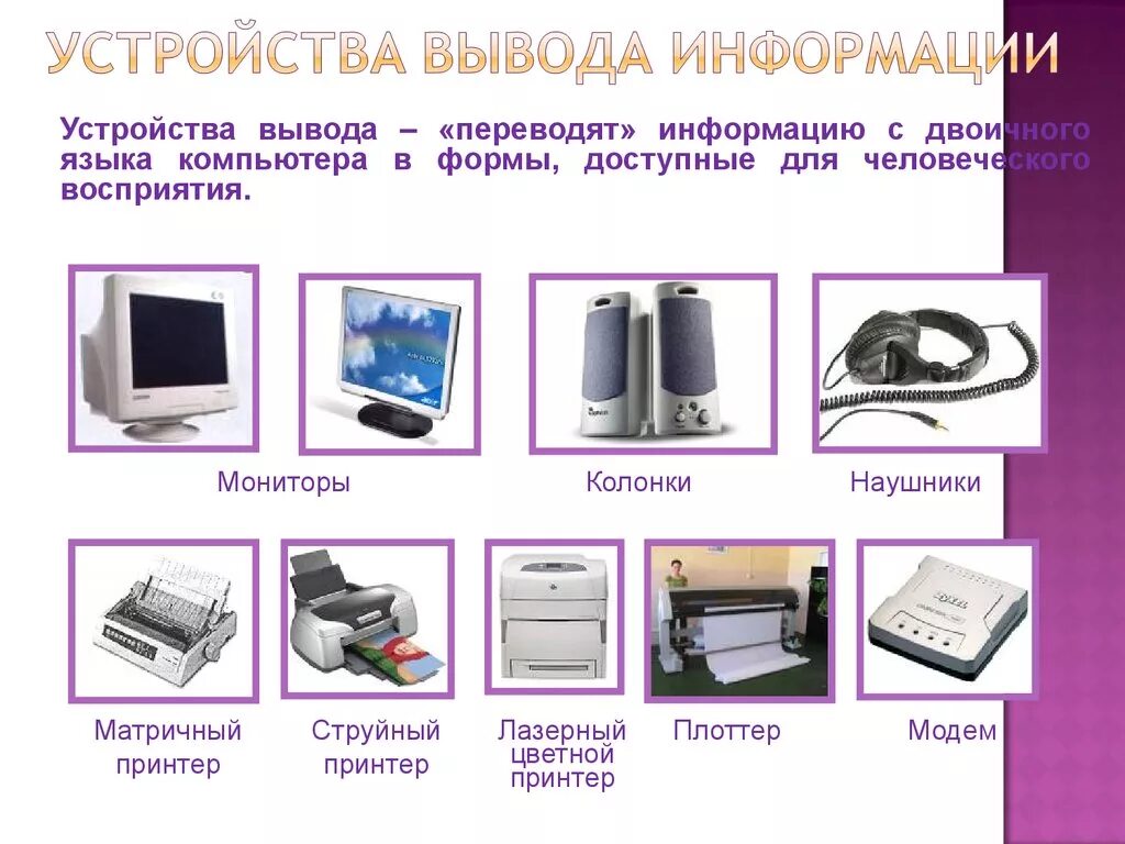 Что делает устройство вывода. Устройства вывода. Устройства вывода инфо. Устройства для выводаинфоомации. Устройства вывода компьютера.