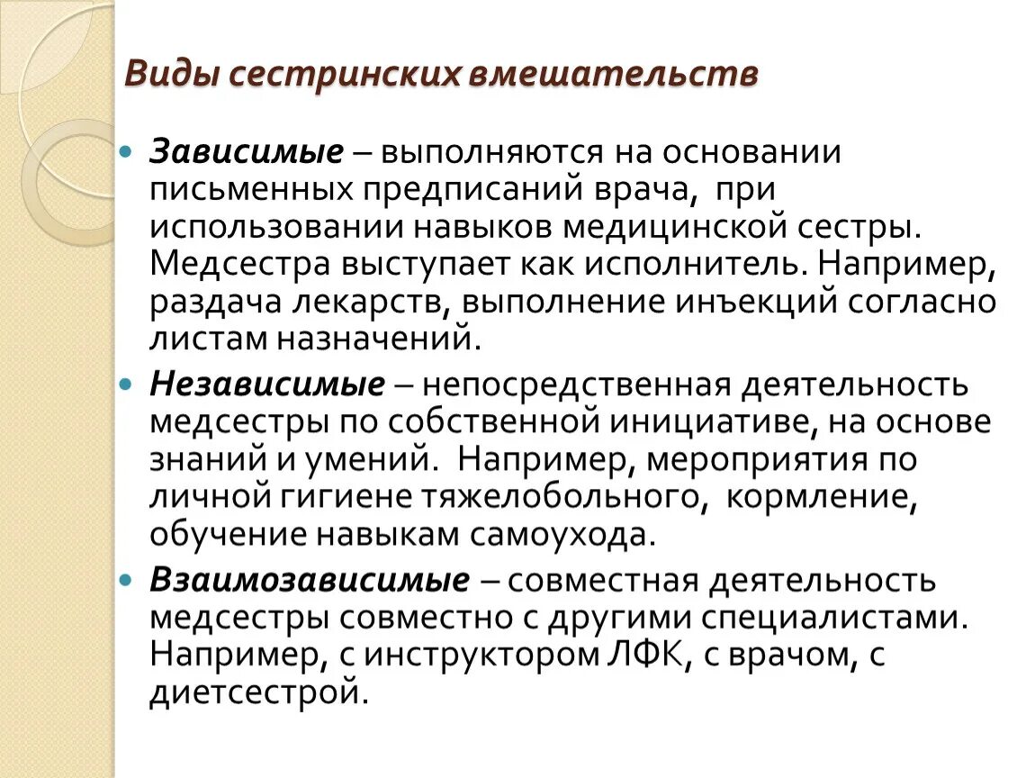 Сестринское вмешательство по назначению врача. Основные виды сестринских вмешательств. Типы сестринских вмешательств независимые взаимозависимые. Вмешательства зависимые независимые взаимозависимые. Зависимые и независимые сестринские вмешательства.