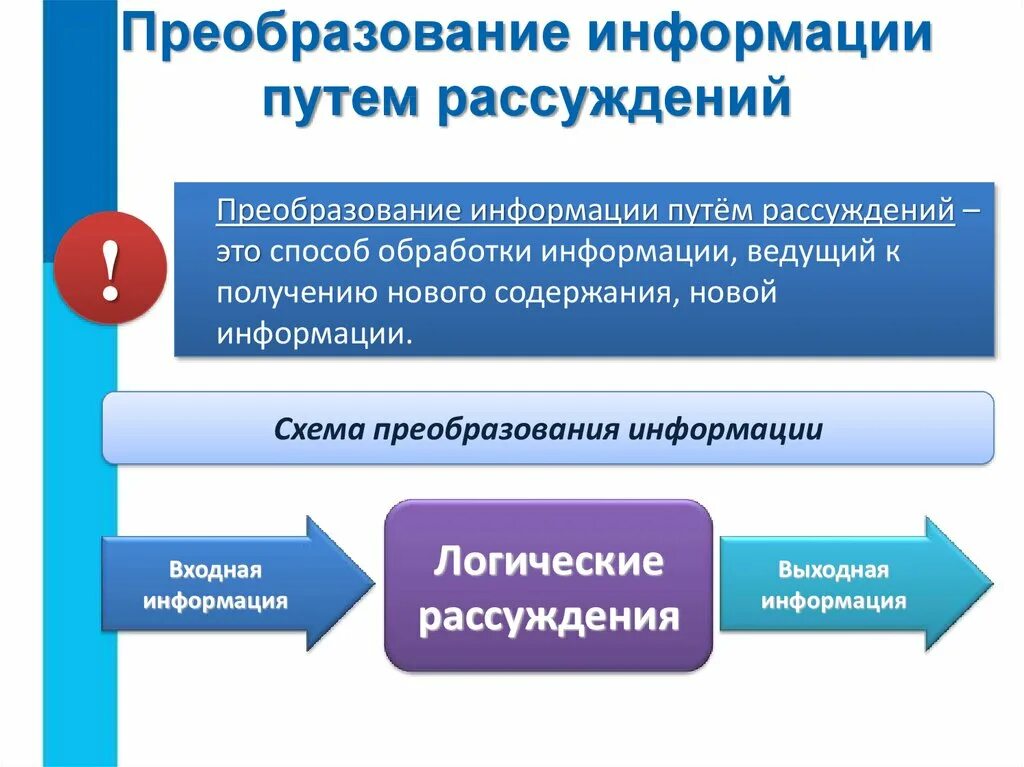 Новое сообщение 5. Преобразование информации. Преобразование информации путем рассуждений. Преобразование информации в информатике. Примеры преобразования информации.