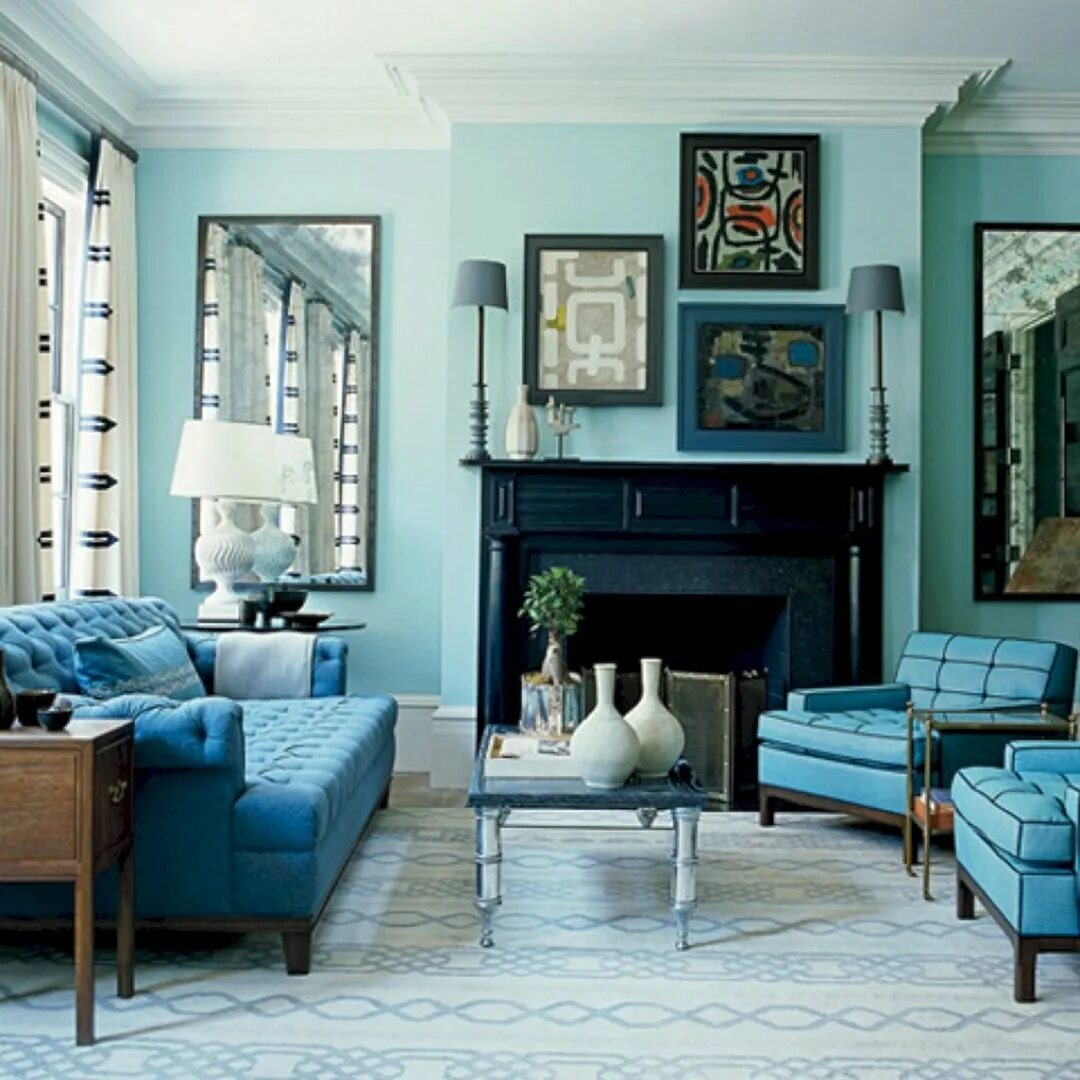 Бирюзовый интерьер. Голубые стены в интерьере. Гостиная в бирюзовом стиле. Сочетание цвета мебели в стенами