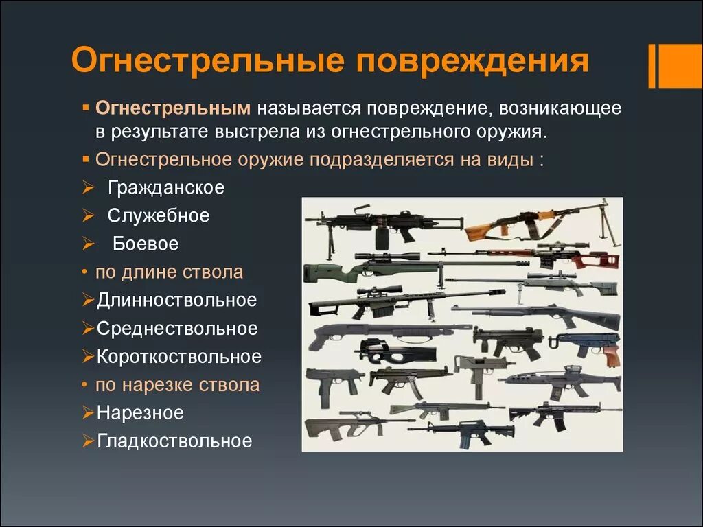 Значение огнестрельных оружий. Огнестрельные повреждения. виды вооружения. особенности огнестрельных повреждений. повреждение огнестрельным оружием.