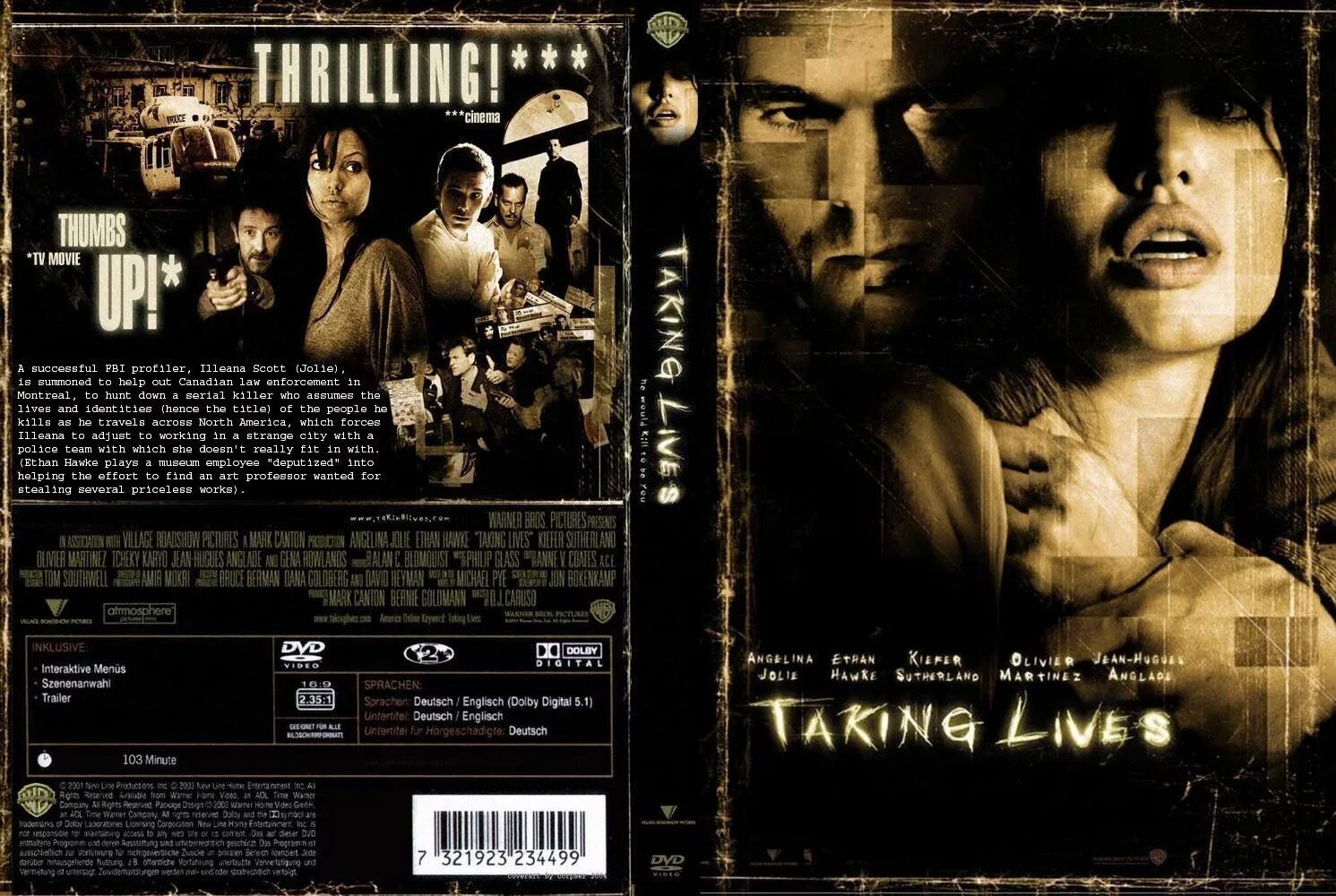 DVD Cover. DVD диск Анджелина Джоли. Taking Lives, 2004 DVD Cover. Killer life